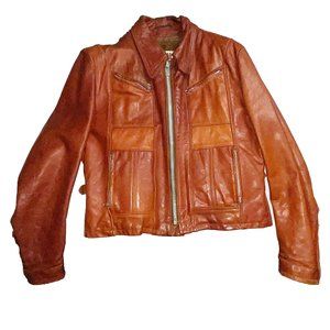 Vintage 70's Schott NYC Orange/Tan leather Cafe Racer Jacket zip out liner Sz 44